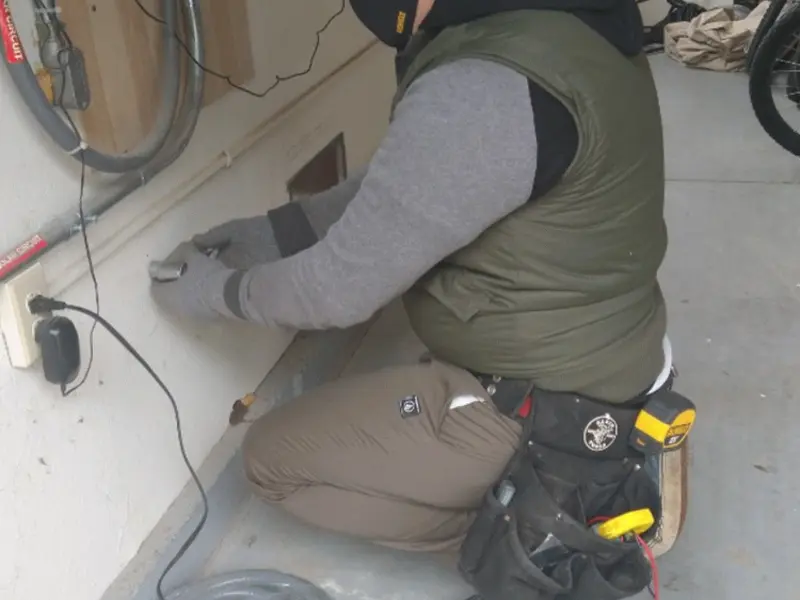 Electrician performing outlet wiring in a Pawling garage